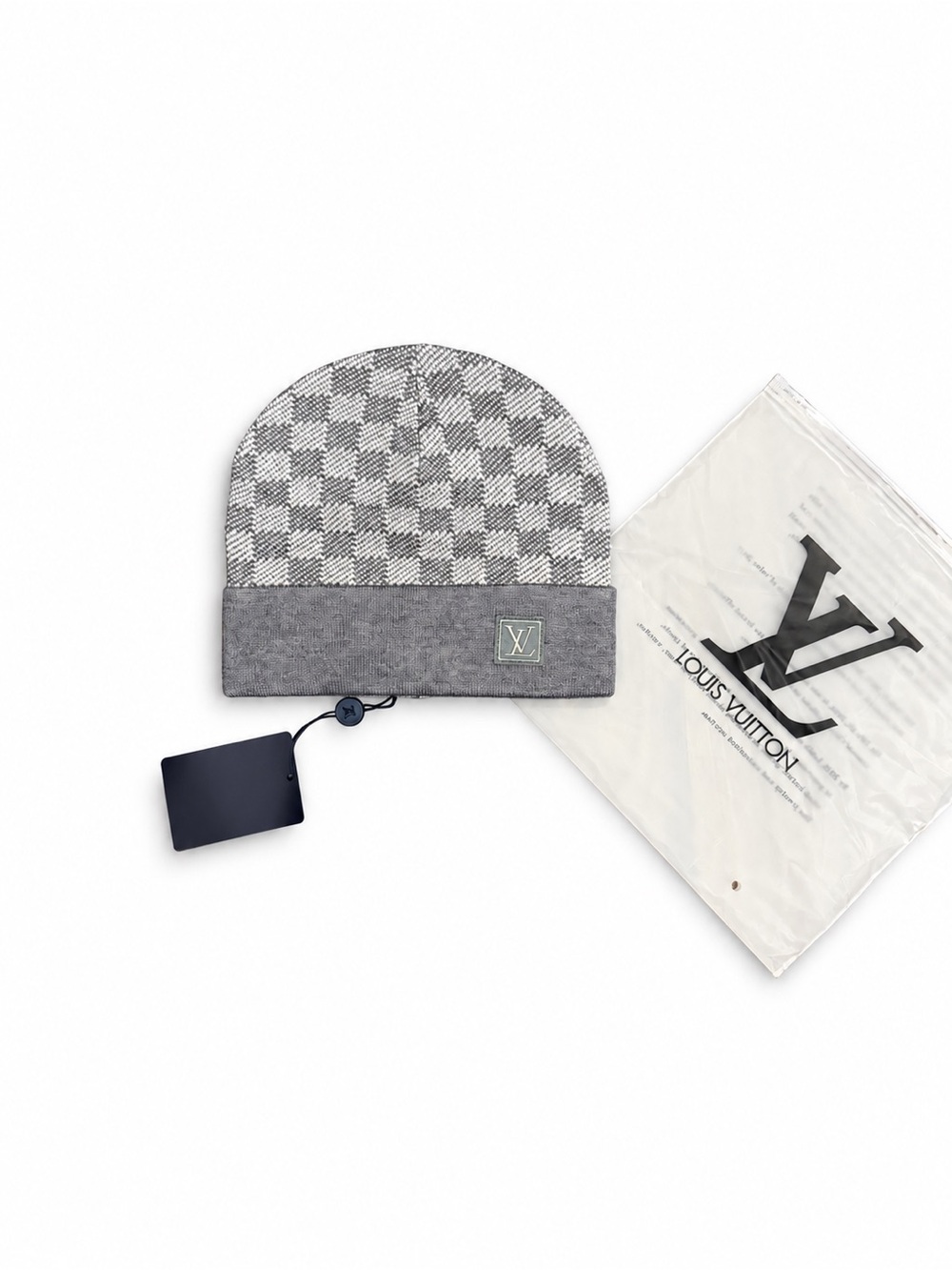 Louis Vuitton Gray Checkered Knit Cuffed Beanie